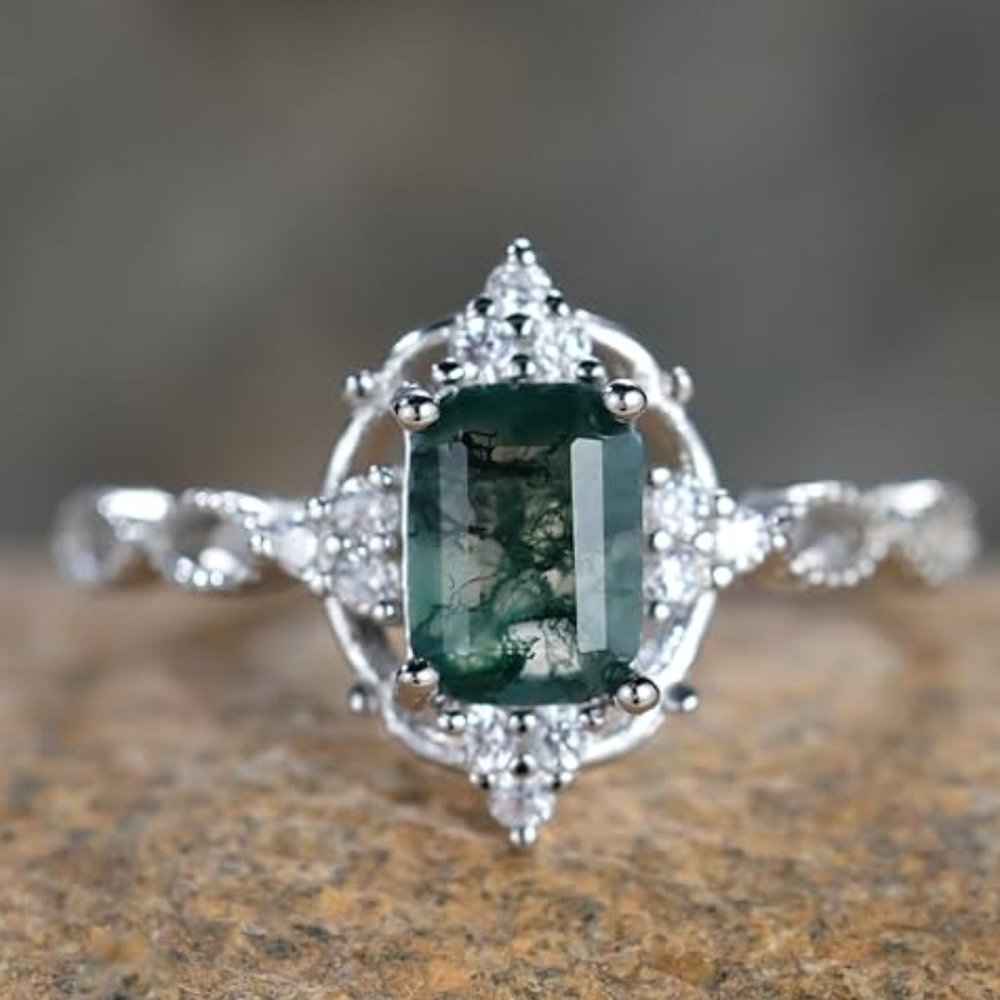 Natural Moss Agate Ring 925 Sterling Silver Engagement Promise Ring